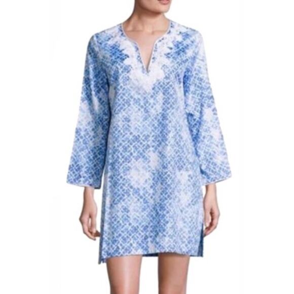 Oscar de la Renta Mini Caftan Tunic Dress Coverup Seaside Resort Blue Large - Picture 1 of 10